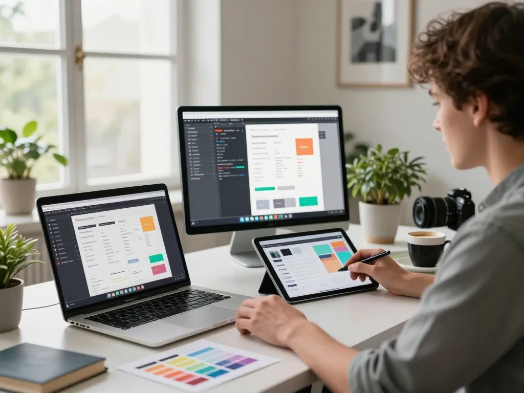 Webdesign-Freelancer analysiert UI-Designs auf dem Laptop in einem kreativen Arbeitsplatz