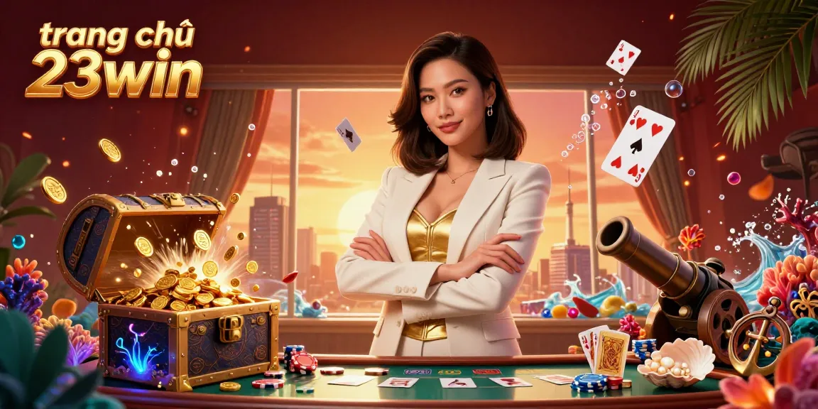 Engage with the vibrant scene of trang chủ 23win, featuring a powerful Asian woman in a casino setting with dynamic gaming elements.