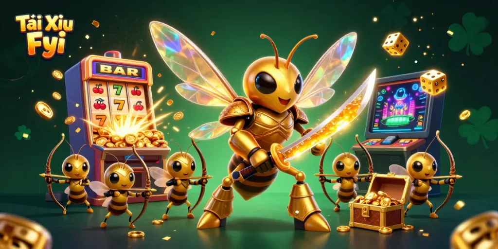Tài Xỉu Fyi showcases a dynamic casino scene with a golden hornet and exciting gaming elements.