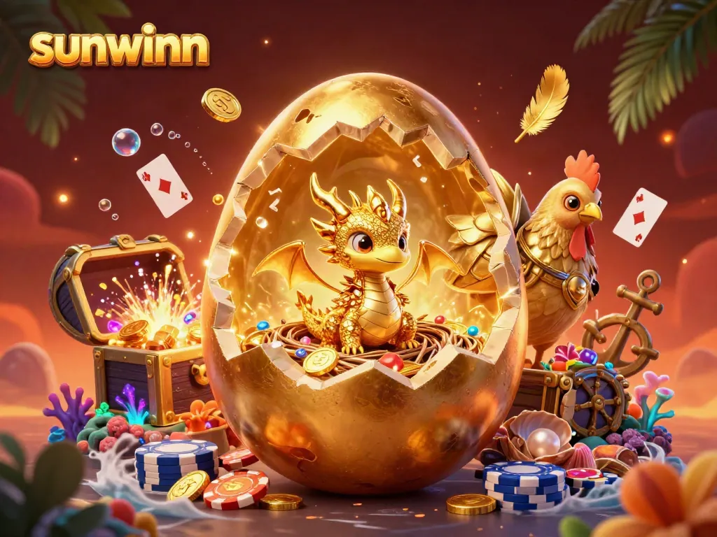 Experience the excitement of sunwinn casino with a dragon guarding poker chips in an immersive 3D scene.