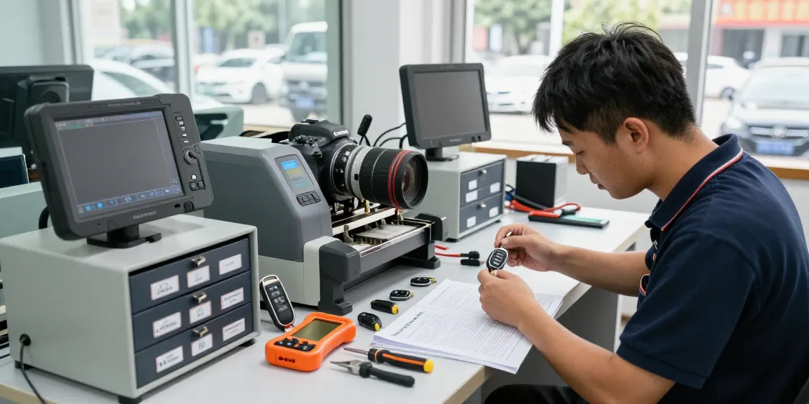 Schlüssel für Auto, Profi-Schlüsseldienst programmiert Autoschlüssel in moderner Werkstatt.