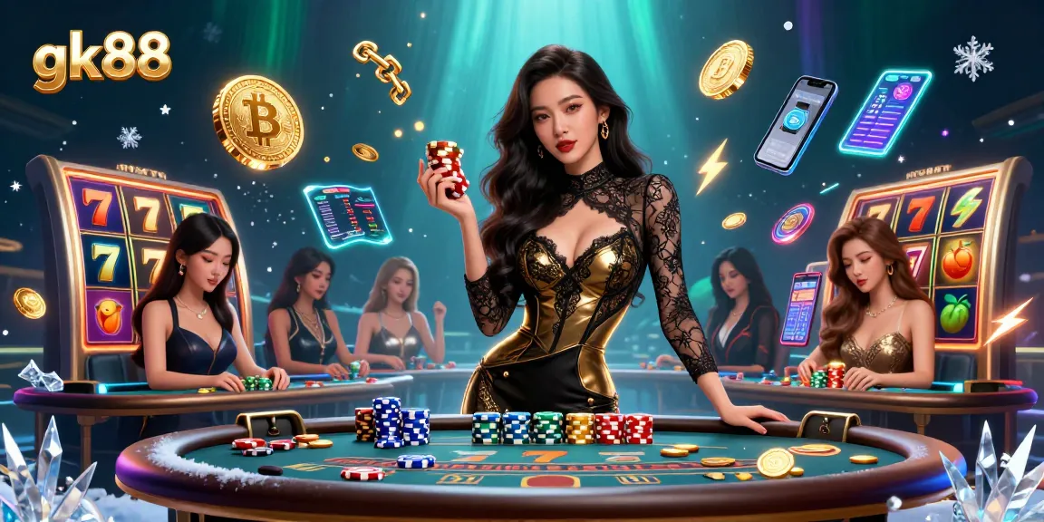 Win big with gk88 at an exclusive baccarat table surrounded by vibrant casino elements.