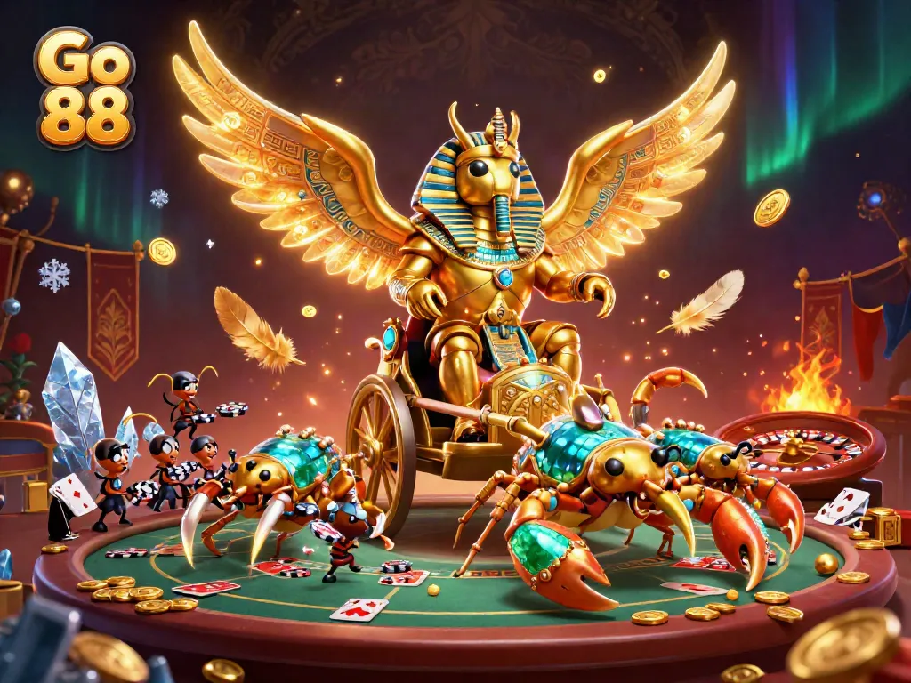 Engage with Go 88's vibrant casino scene featuring a golden scarab and poker elements.