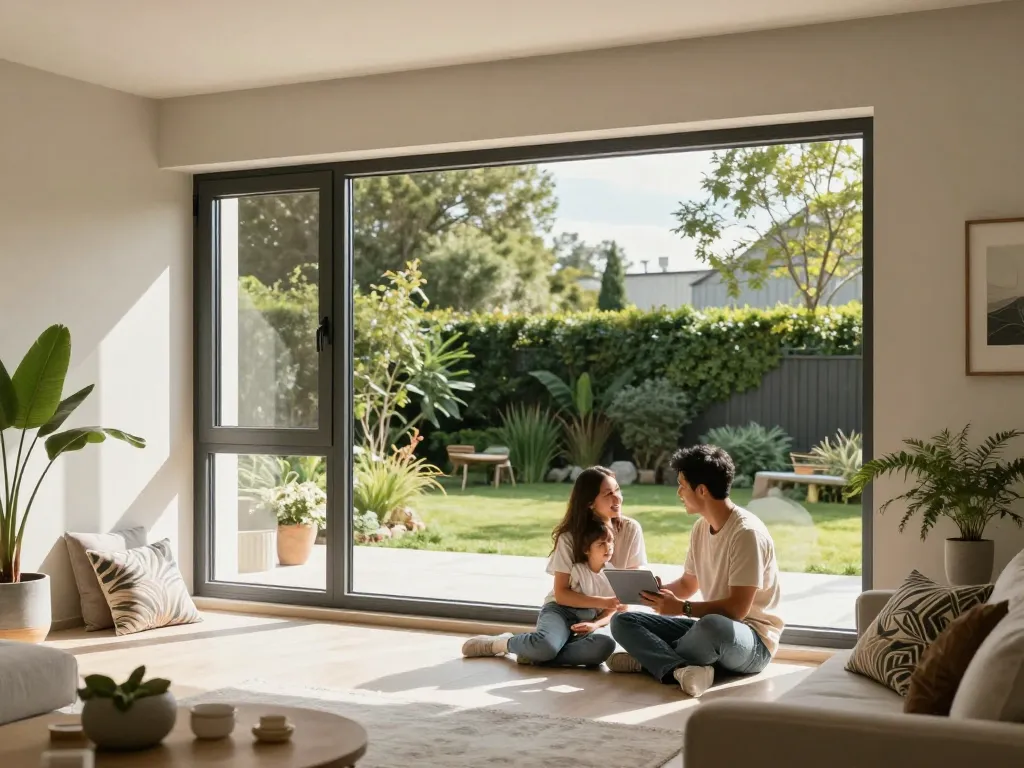 Familie, die das natürliche Licht durch fenster schüco Aluminiumfenster in einem modernen Zuhause genießt