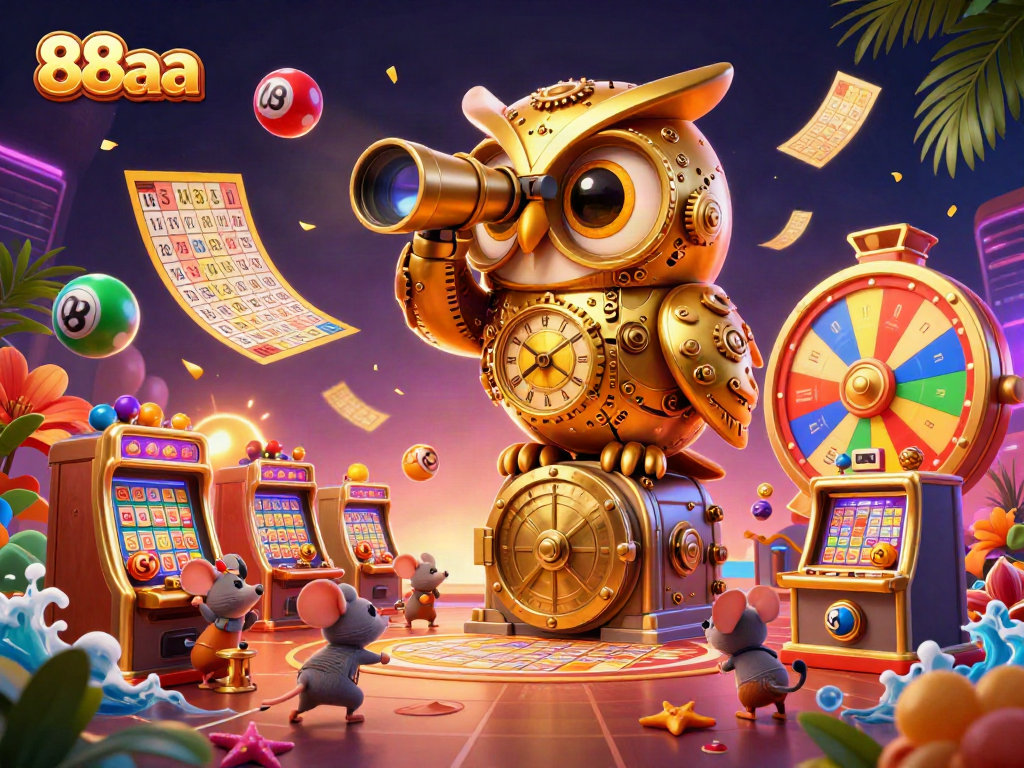 Experience the excitement of 88aa with a vibrant casino scene featuring a golden owl and dynamic lottery elements.