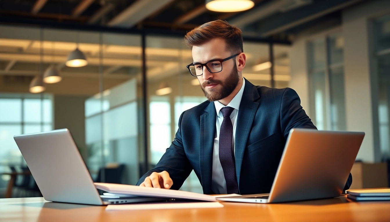 Headhunter überprüft Bewerbungsunterlagen in einem modernen Büro mit natürlichem Licht.