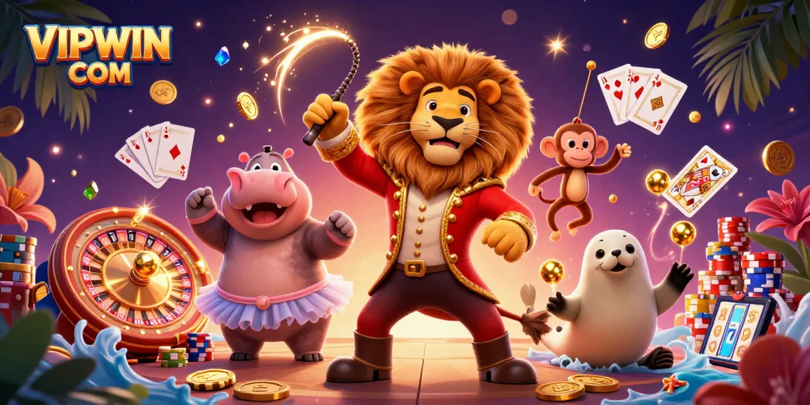 Experience thrilling gaming adventures with VIPWIN COM's circus-themed casino illustration.