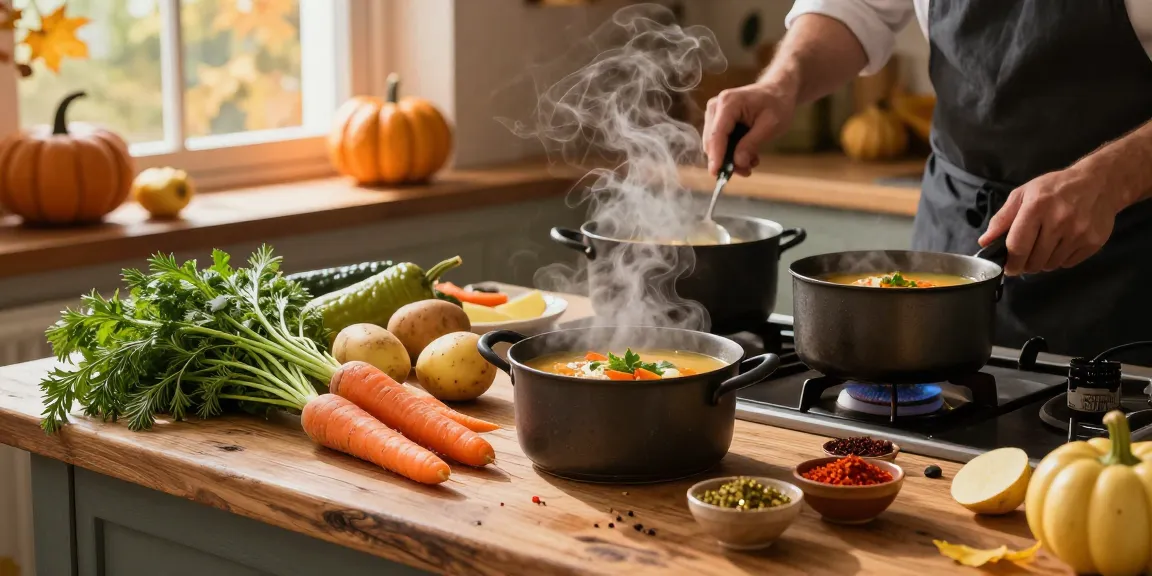 Köstliche vegane Suppen werden in einer warmen Küche mit frischem Gemüse und Gewürzen zubereitet.