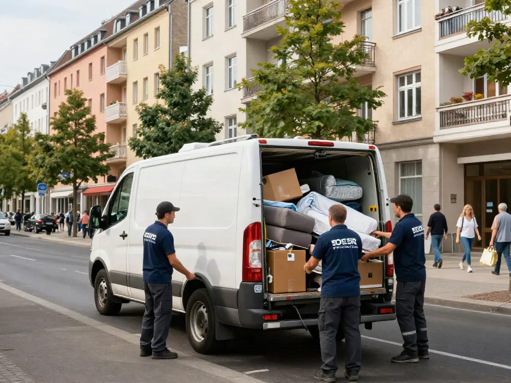 Sperrmüll Entrümpelung Berlin: Professionelles Entrümpelungsteam beim Beladen eines Vans in der Stadt
