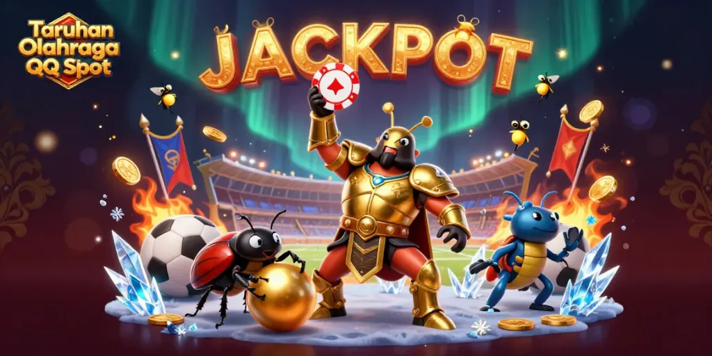 Win big with Taruhan Olahraga QQ Slot as a hero beetle celebrates in an energetic casino scene.