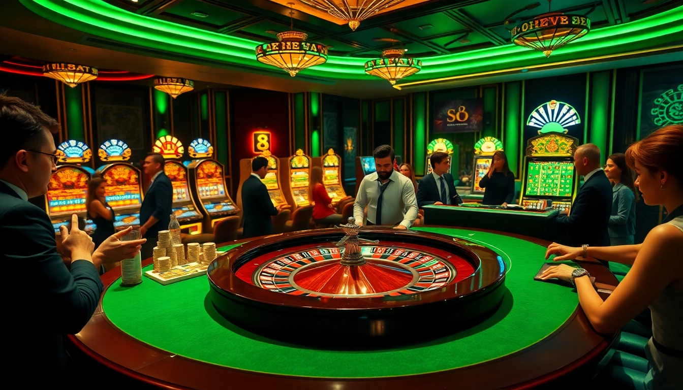 S8 casino enthusiasts enjoying a thrilling game at an elegant roulette table.