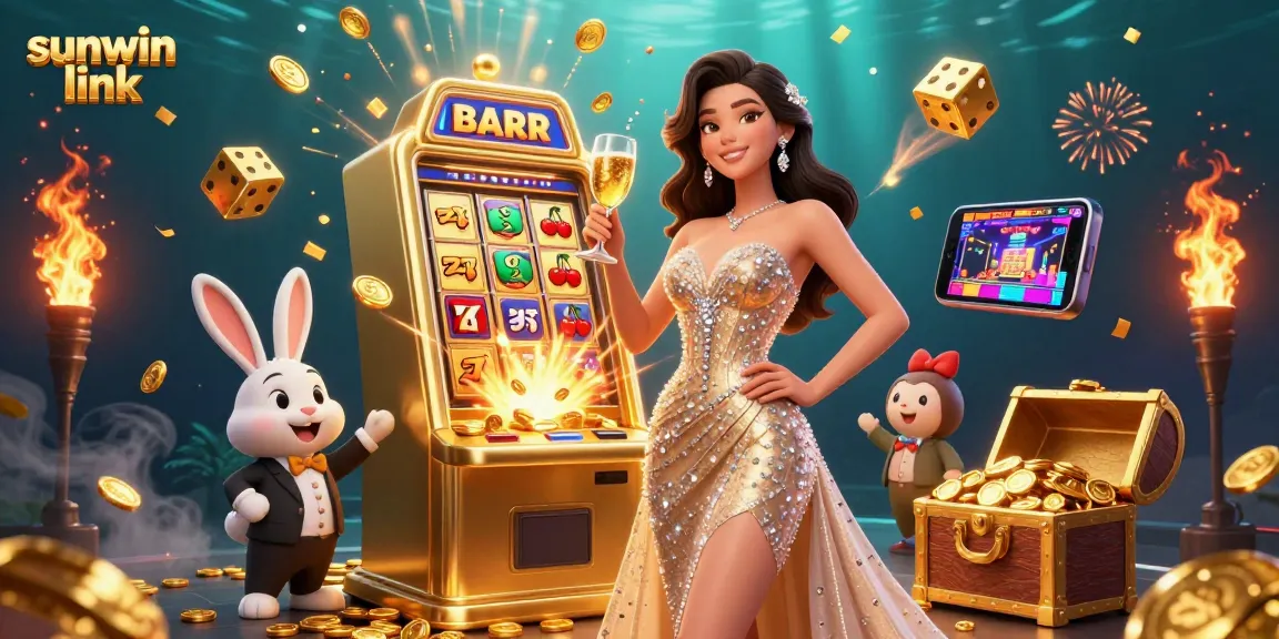 Join the excitement at sunwin link while celebrating a jackpot win with vibrant slot machines and casino elements.