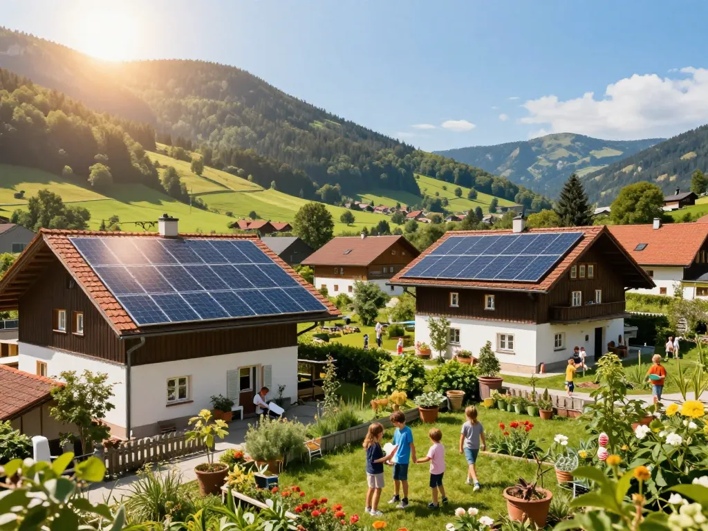 Photovoltaik Bayern Solarpaneele auf bayerischen Häusern, die Nachhaltigkeit präsentieren.