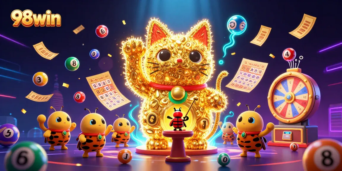 Experience exciting gameplay at 98win with a vibrant 3D illustration of a lucky cat and casino symbols.