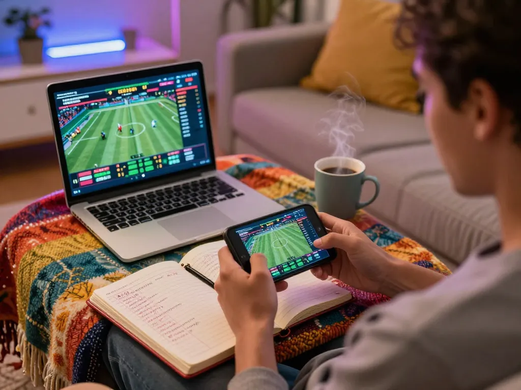 Engaged online gambler using uu88 for sports betting while analyzing game statistics at home.