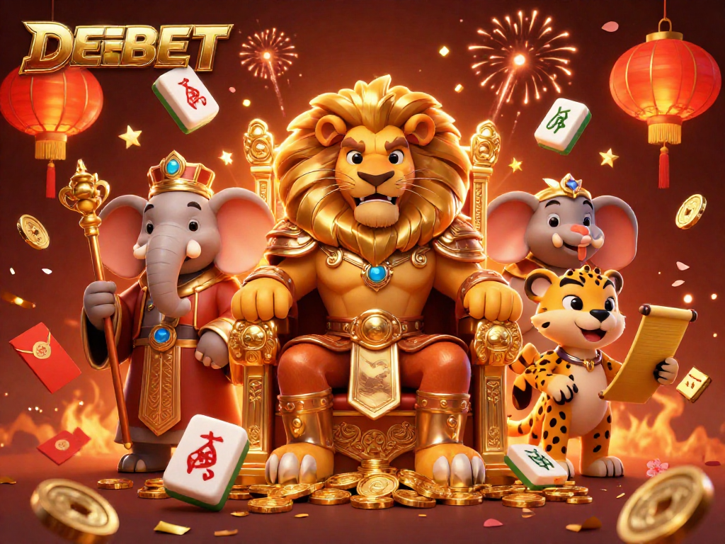 Experience DEBET thrills with a king, advisor, and messenger surrounded by festive casino elements.