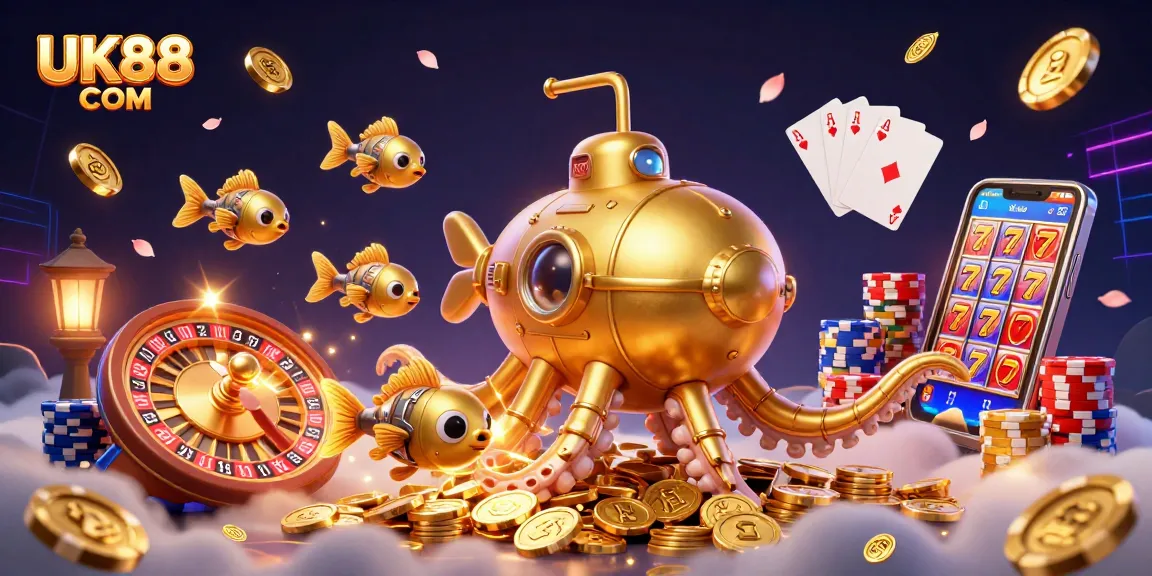 Experience the thrill of gaming with UK88 COM through a vibrant, dynamic 3D casino scene showcasing a golden kraken and colorful game elements.