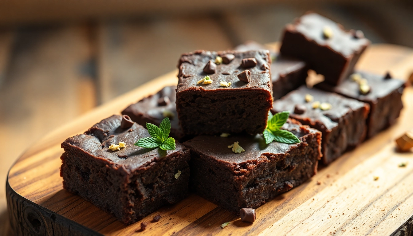 Leckere, frisch gebackene thc brownies verführerisch angerichtet auf rustikalem Holz, ideal für Genuss.
