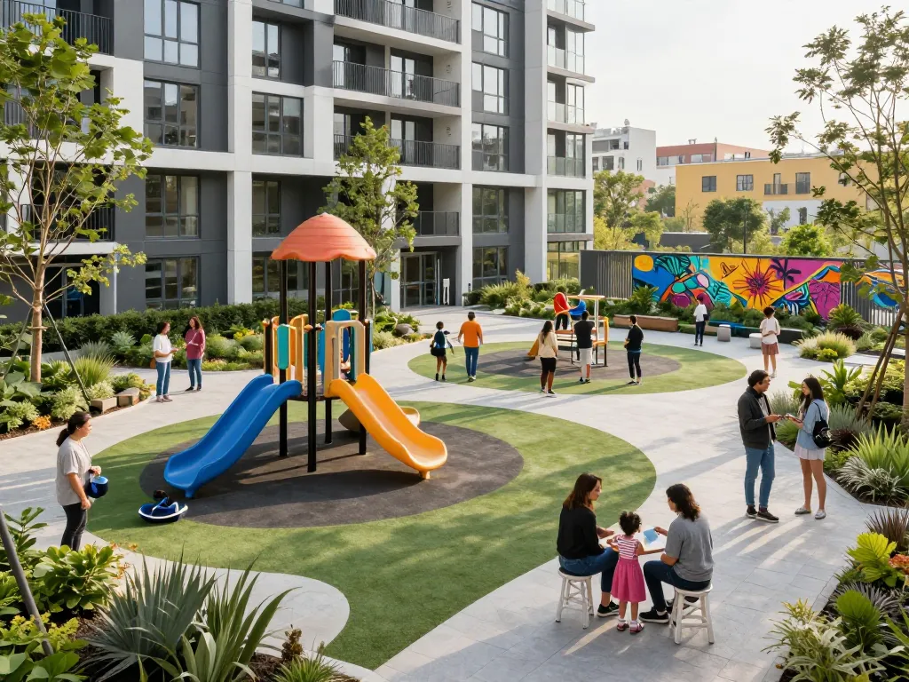 Five88 affordable housing community with families engaging in outdoor activities, showcasing vibrant urban life.