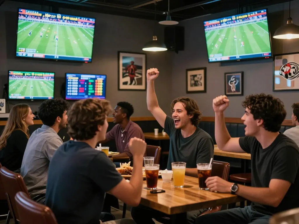 Fans celebrating football matches while placing bets at a vibrant sports bar, capturing the excitement of ฟุตบอล.