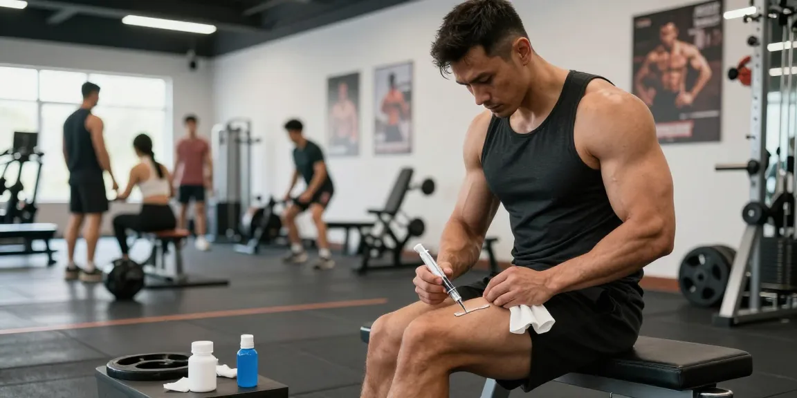 Anabolika Shop - A confident athlete demonstrating correct injection technique in a bright modern gym setting, showcasing safe anabolic steroid use.