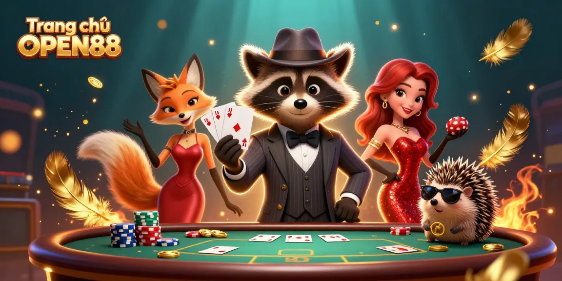 Experience excitement with Trang chủ OPEN88 as a raccoon shows off a royal flush in this animated casino scene.