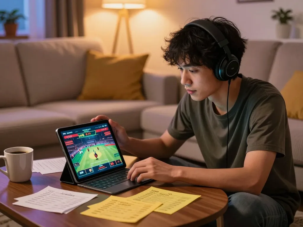 Player enjoying đá gà trực tiếp online in a cozy living room, capturing immersive gaming experience.