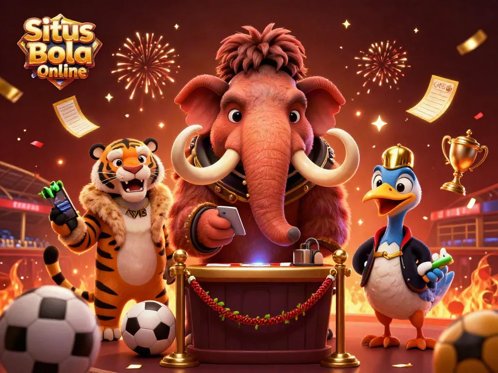 Situs Bola Online showcases a dynamic sports betting scene with captivating characters and vibrant elements.