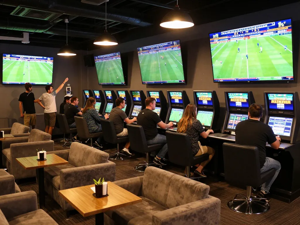 Tỷ lệ kèo nhà cái hôm nay shown in a lively sports betting lounge with patrons engaging in live matches.