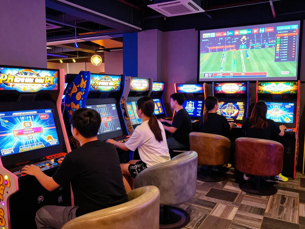 Hitclub gaming lounge with players enjoying vibrant arcade games and slots in an exciting atmosphere.