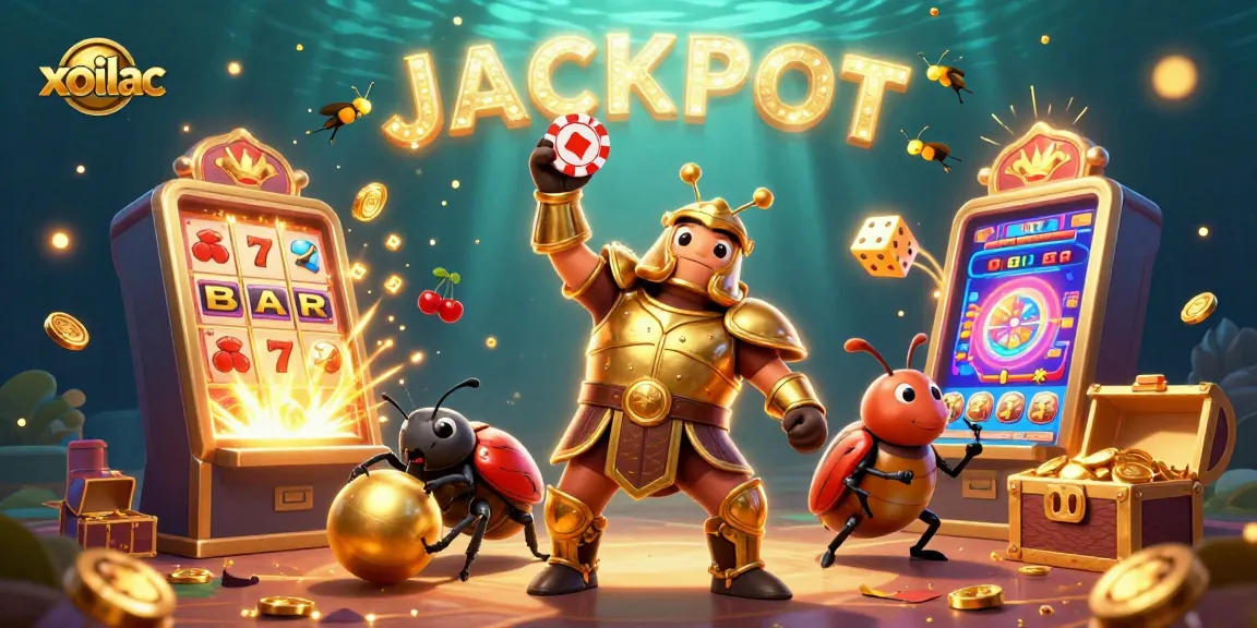 Xoilac showcases a winning scene with a heroic beetle lifting a poker chip amid dynamic gaming elements.