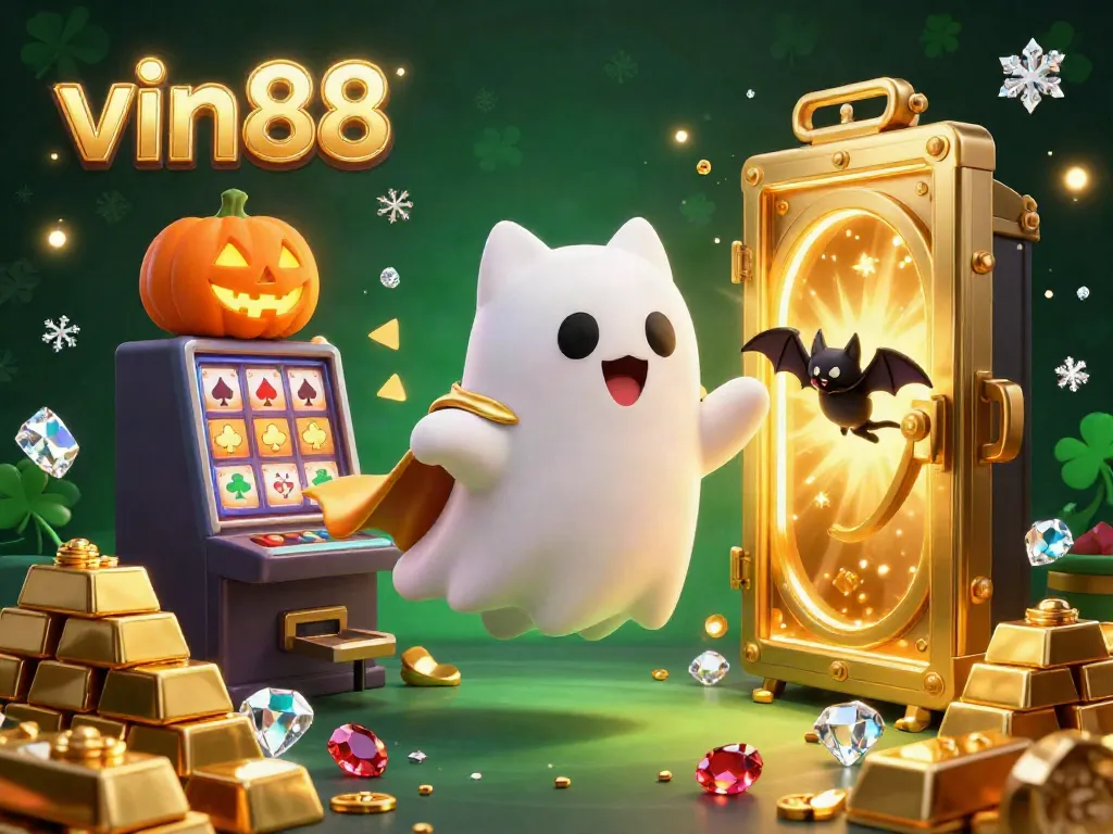 Engage with vin88's thrilling gaming experience featuring a ghost cat in a vibrant casino scene.