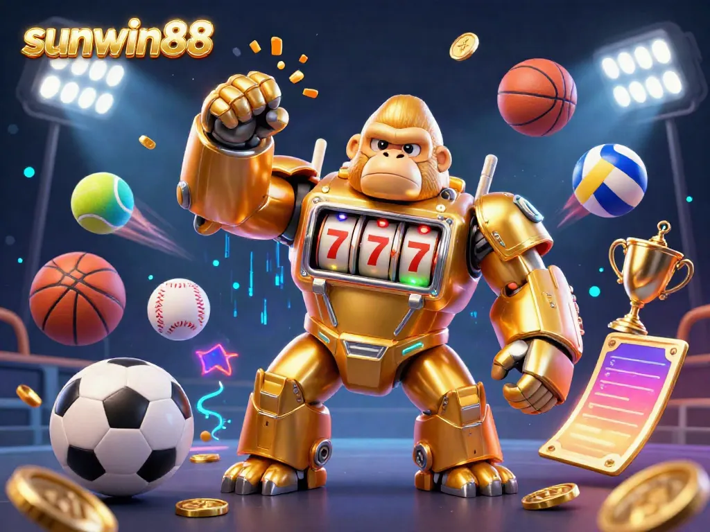 Engage with sunwin88, featuring a golden gorilla mech and dynamic sports elements in a vibrant casino scene.
