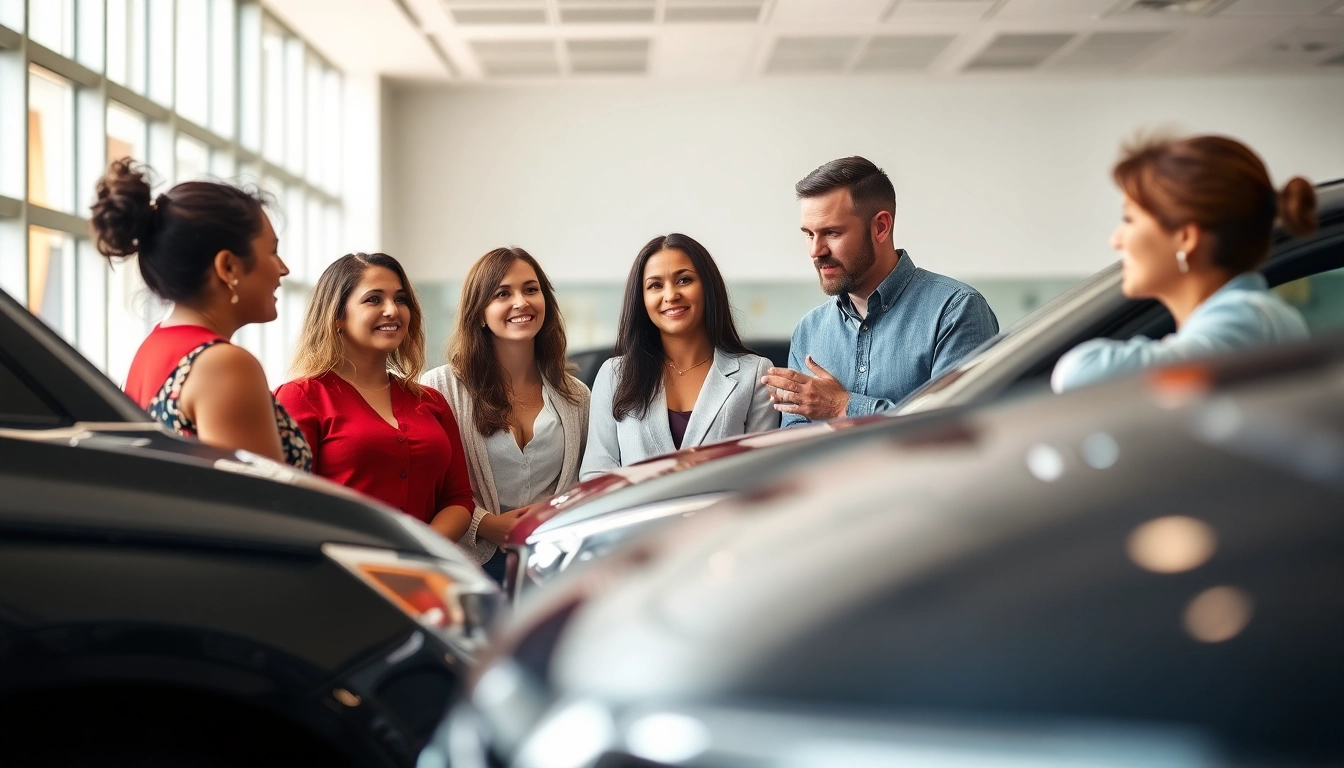 Auto kaufen: Kunden besprechen Optionen in einem modernen Autohaus.