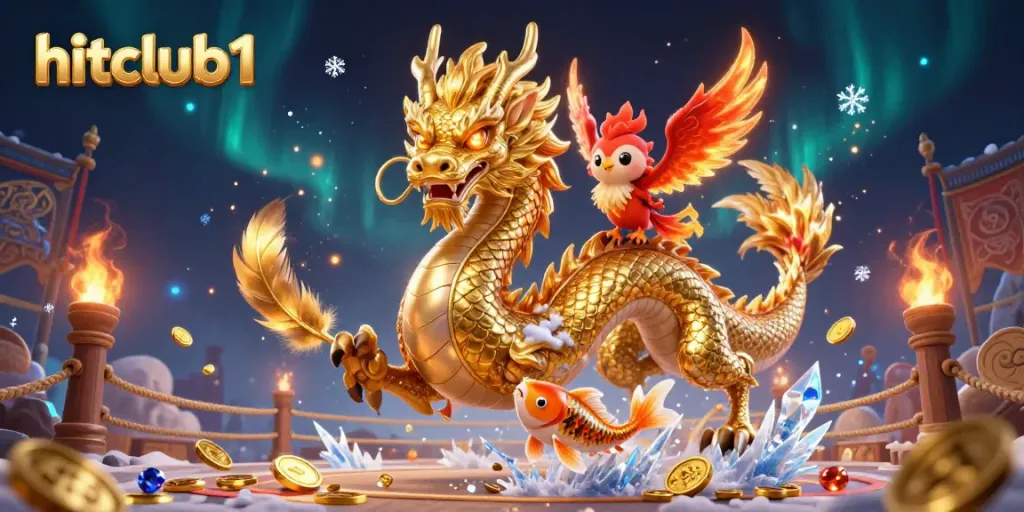 Hitclub1 captures the thrilling essence of online casinos with a golden dragon and vibrant phoenix amidst rich symbols of gaming.