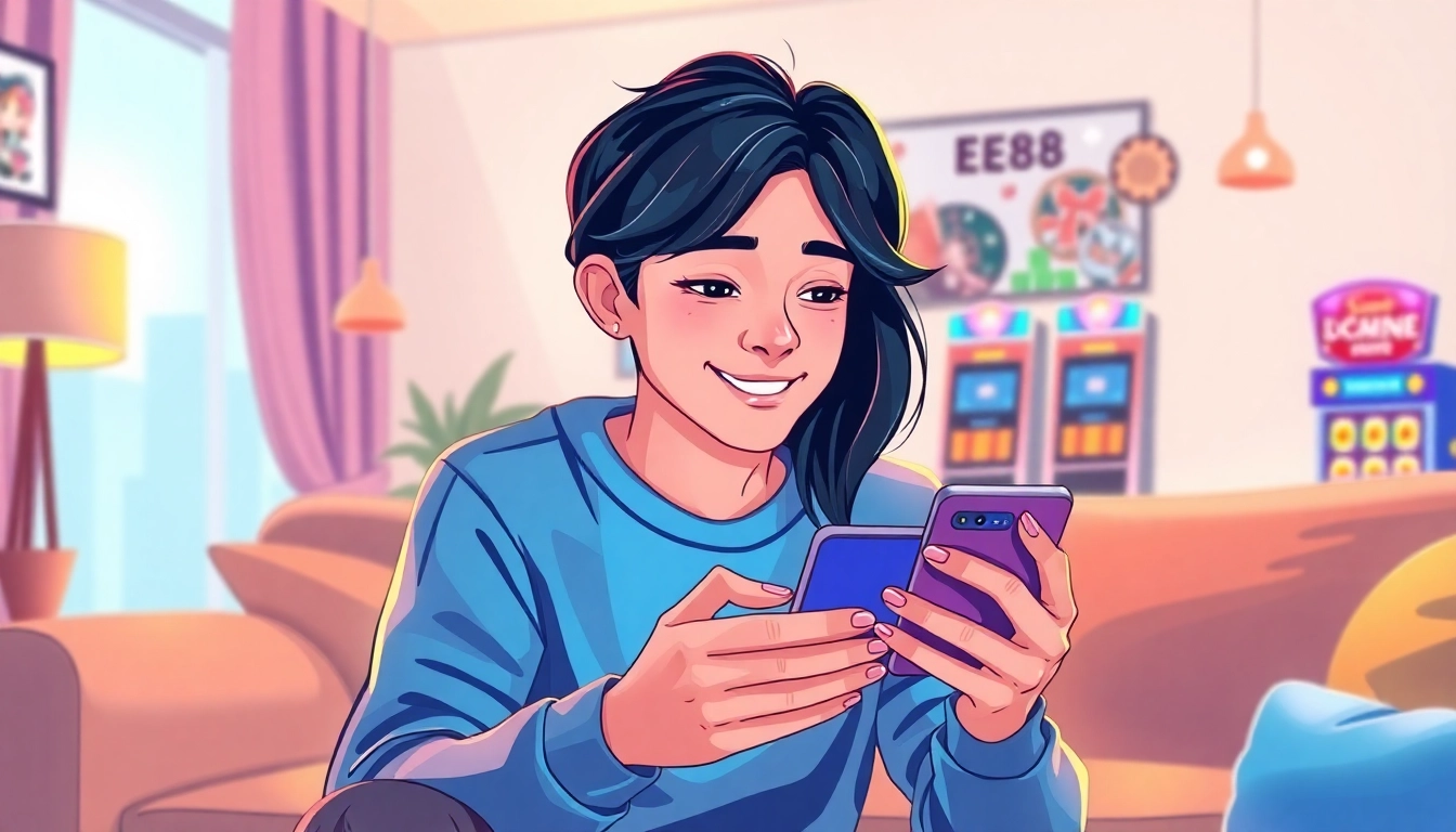 Engaging digital illustration showcasing a user logging in to đăng nhập ee88 on a smartphone in a cozy modern living room.