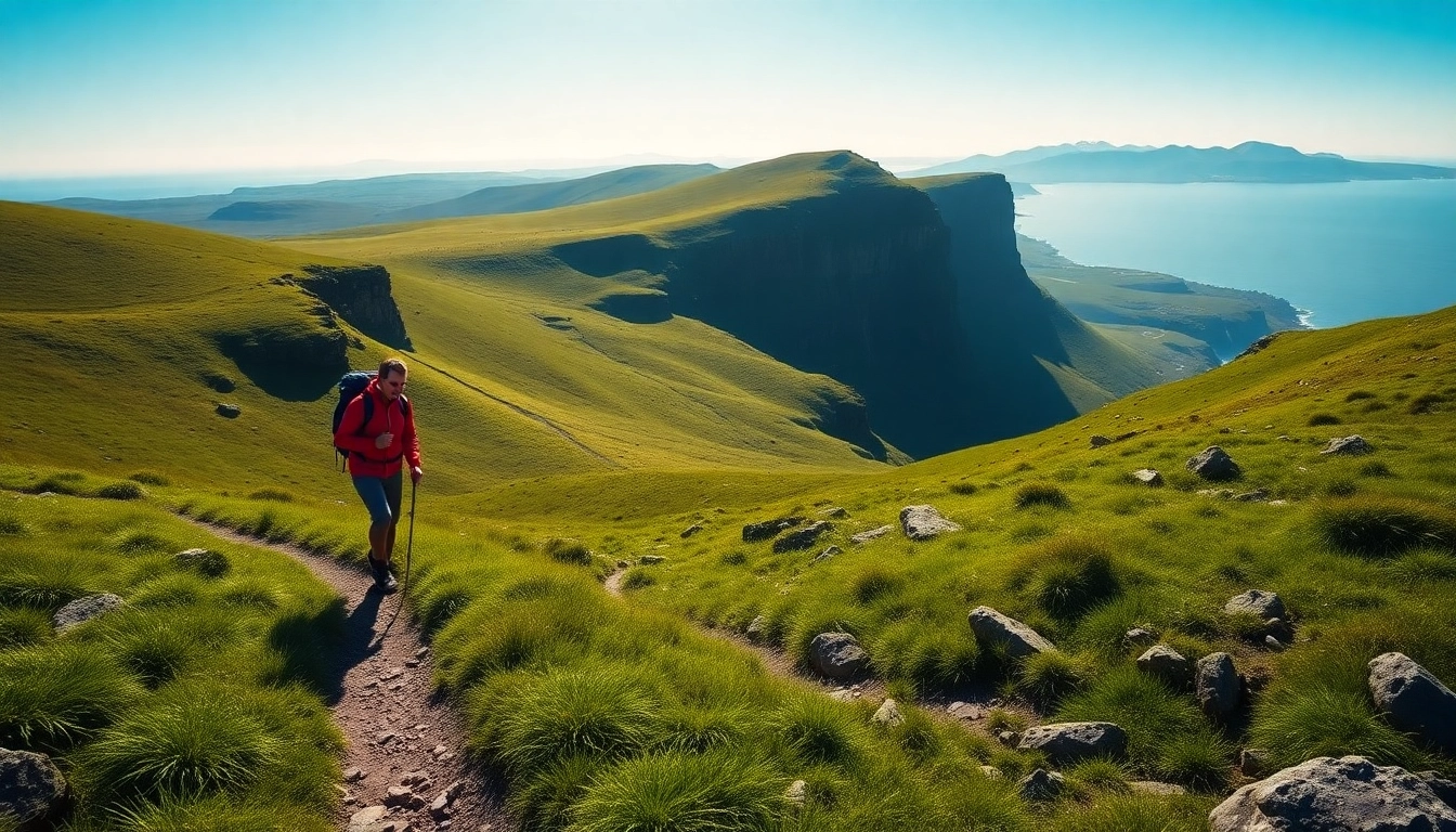 Irland wandern beim Anblick malerischer Landschaften mit Wanderern und Hügeln.