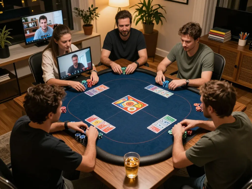 c168mov engaging in online poker with players united via video chat and cozy home atmosphere