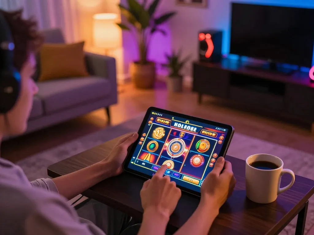 Engaged player using tablet for online gaming at https://98win9.co.com/, showcasing vibrant slot game interface.