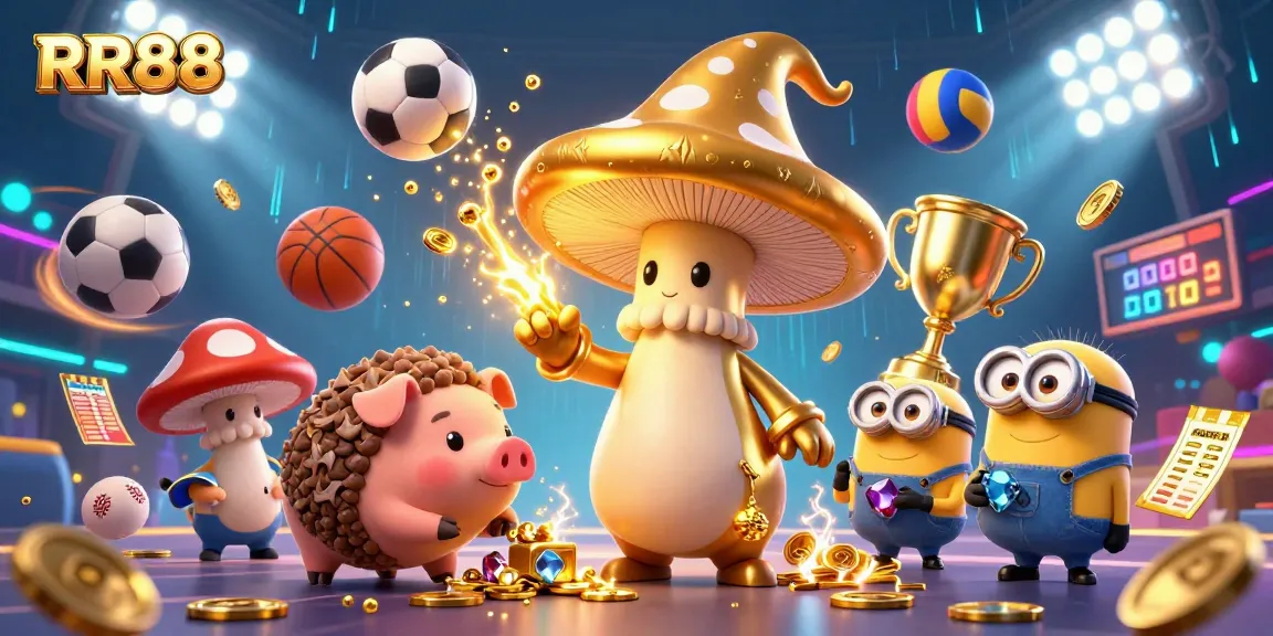 RR88 features a magical golden mushroom wizard and sporty elements, presenting an engaging betting scene.
