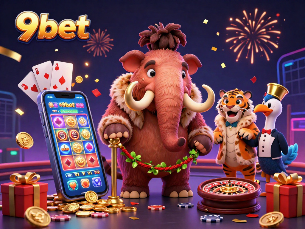 Join the fun at 9bet with vibrant casino elements and characters in a festive atmosphere.