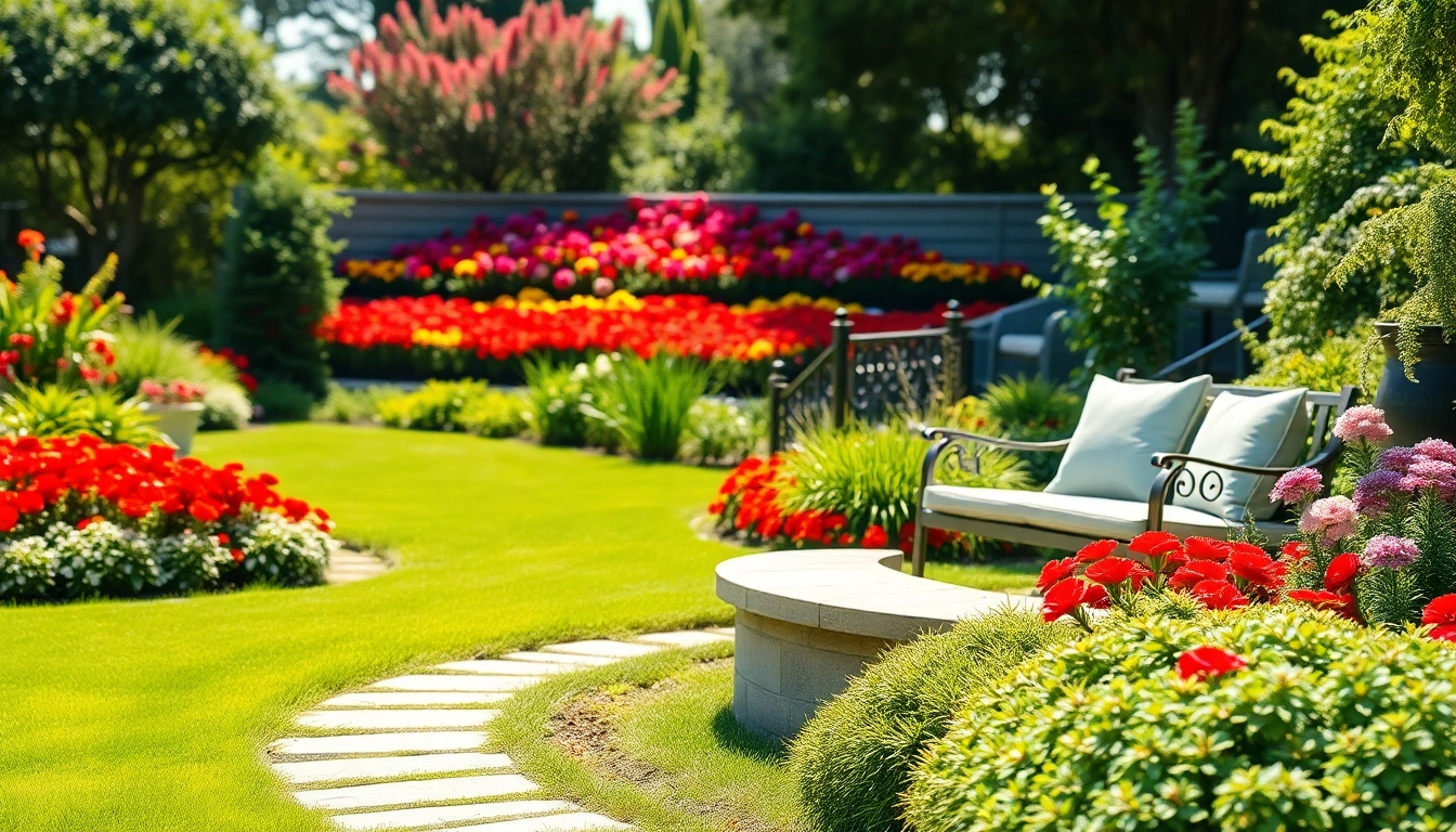 Gartenbau mit blühenden Blumenbeeten und einladenden Sitzbereichen im Garten.