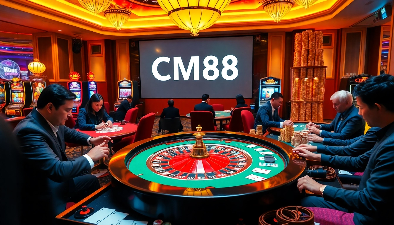 Players enjoying a thrilling CM88 casino experience at the roulette table with vibrant chips and cards.
