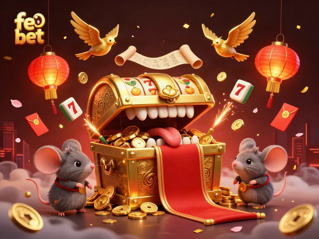 Experience the excitement of fe bet with vibrant gaming elements and a treasure-filled scene.