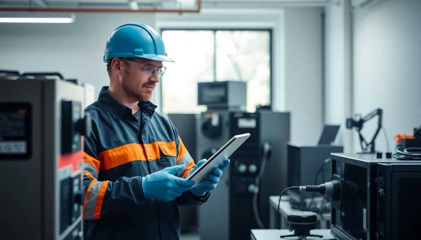 Techniker führt eine DGUV V3 Prüfung an elektrischen Geräten in einem modernen Büro durch, zeigt Professionalität und Sorgfalt.