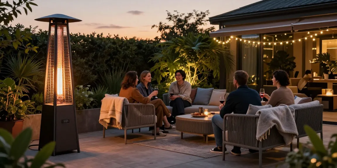Gemütliches Outdoor-Setup mit einer Infrarotheizung Außen, die Wärme für Gäste auf der Terrasse bietet.