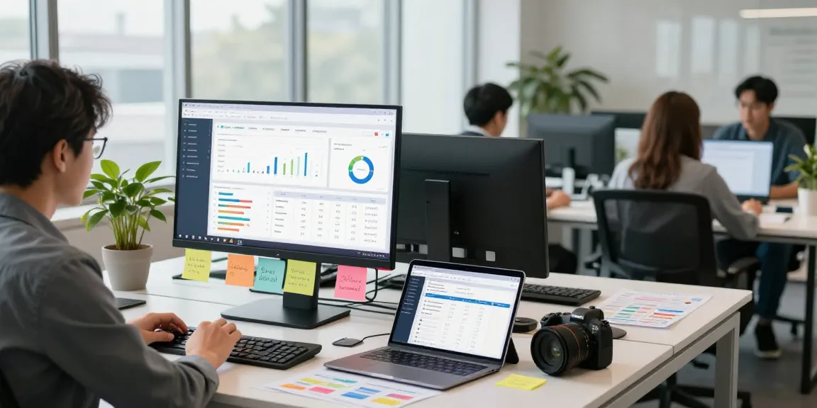 Strategist, der SEO-Metriken in einer lebhaften SEO Agentur-Büroumgebung überprüft.