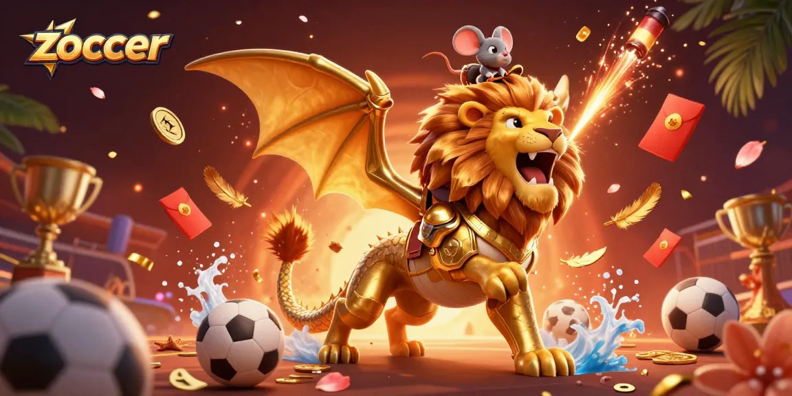 Zoccer sports betting scene showcasing a triumphant chimera with game elements like balls and trophies.