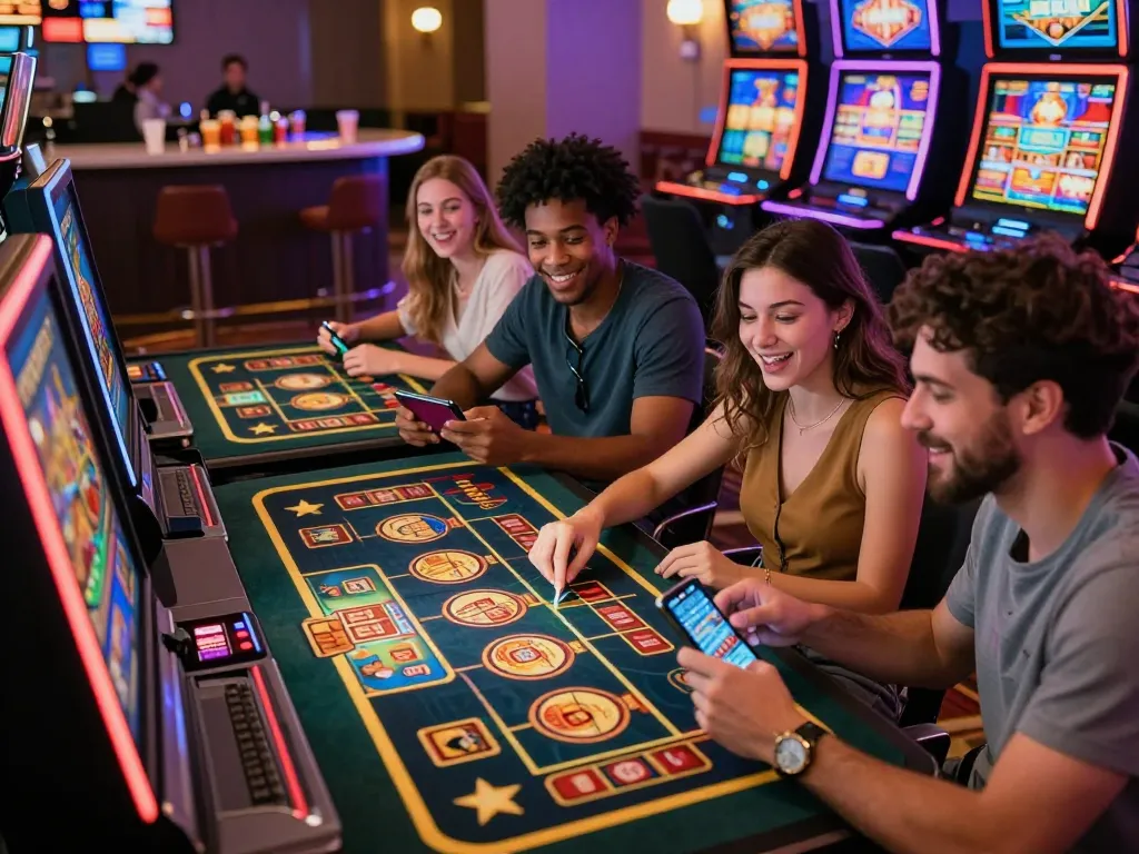 Friends enjoying 娛樂城 games together in a lively online casino atmosphere with bright visuals.