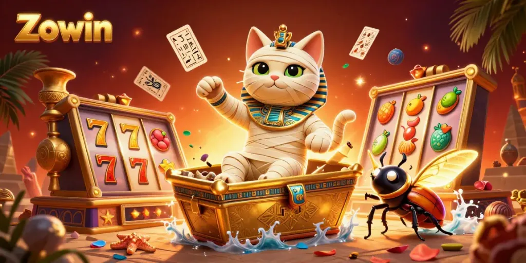 Zowin engages players in dynamic casino action with a 3D Egyptian mummy and slot visuals.
